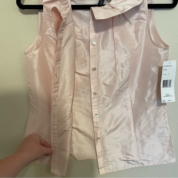 Lafayette 148 New York Silk Pink Sleeveless Blouse Ruffle Collar Bow Button Up - Picture 4 of 11